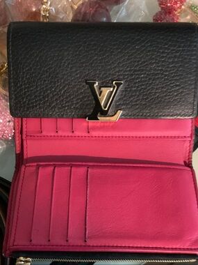 Louis Vuitton Black and Hot Pink Compact Wallet with LV Logo